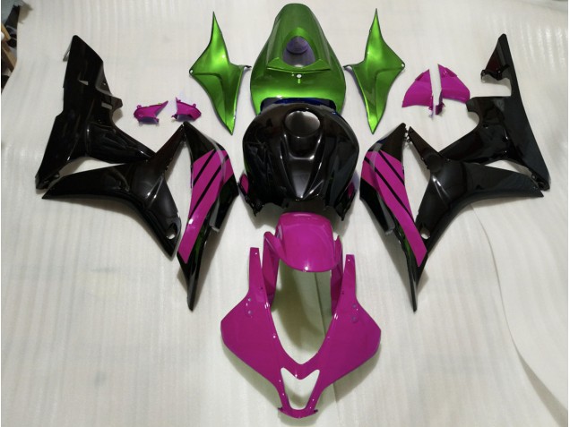 2007-2008 Noir Brillant & Accents Roses & Verts Honda CBR600RR Carénage Moto 2007-2008 Noir Brillant & Accents Roses & Verts Honda CBR600RR Carénage Moto