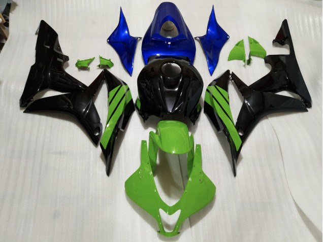2007-2008 Noir Brillant & Accents Verts & Bleus Honda CBR600RR Carénage Moto 2007-2008 Noir Brillant & Accents Verts & Bleus Honda CBR600RR Carénage Moto
