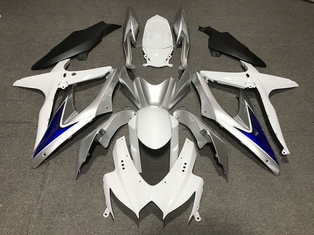 2008-2010 Blanc Brillant Avec Argent & Bleu Noir Mat Inférieur Suzuki GSXR 600-750 Carénage Moto