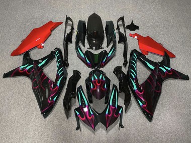 2008-2010 Rouge & Cyan Flamme Suzuki GSXR 600-750 Carénage Moto